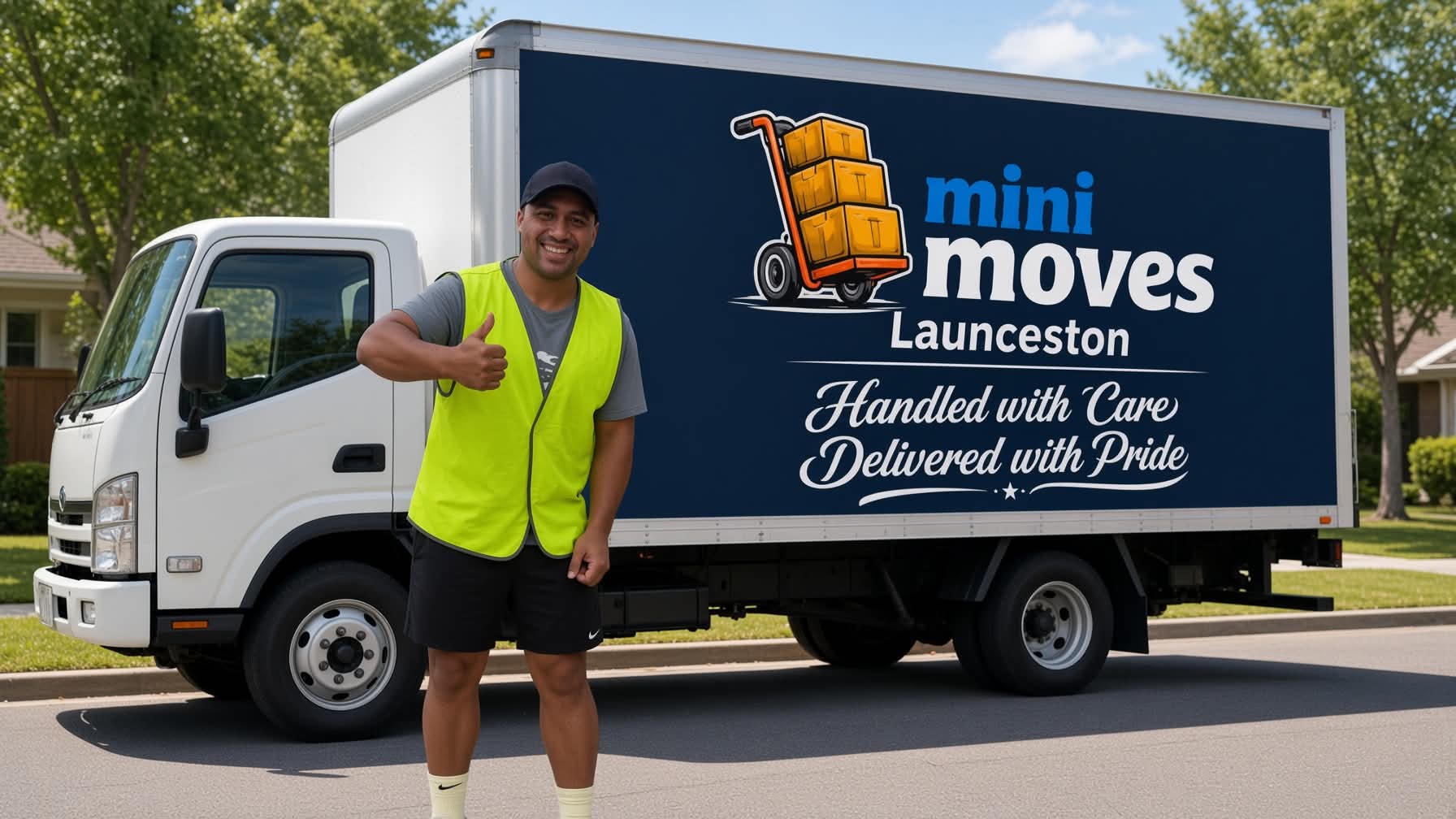 Robbie Peters standing beside the Mini Moves Launceston truck.